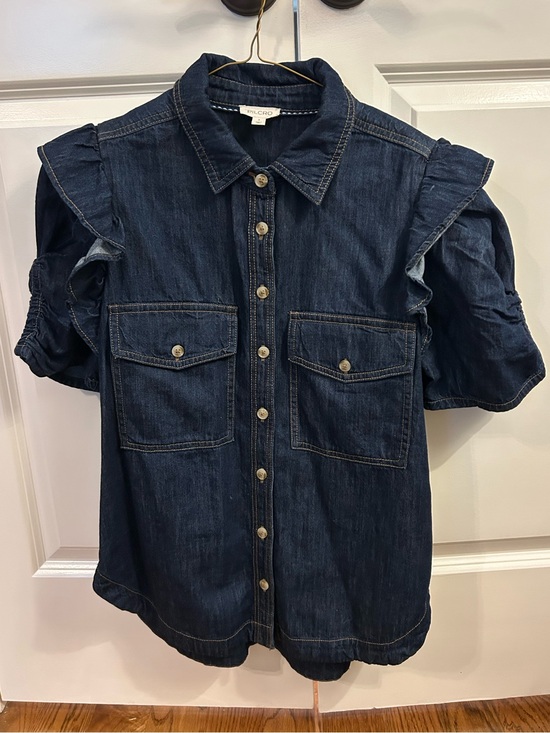 Pilcro Tops - Pilcro Women’s Dark Blue Denim Ruffle Sleeve Button-Up